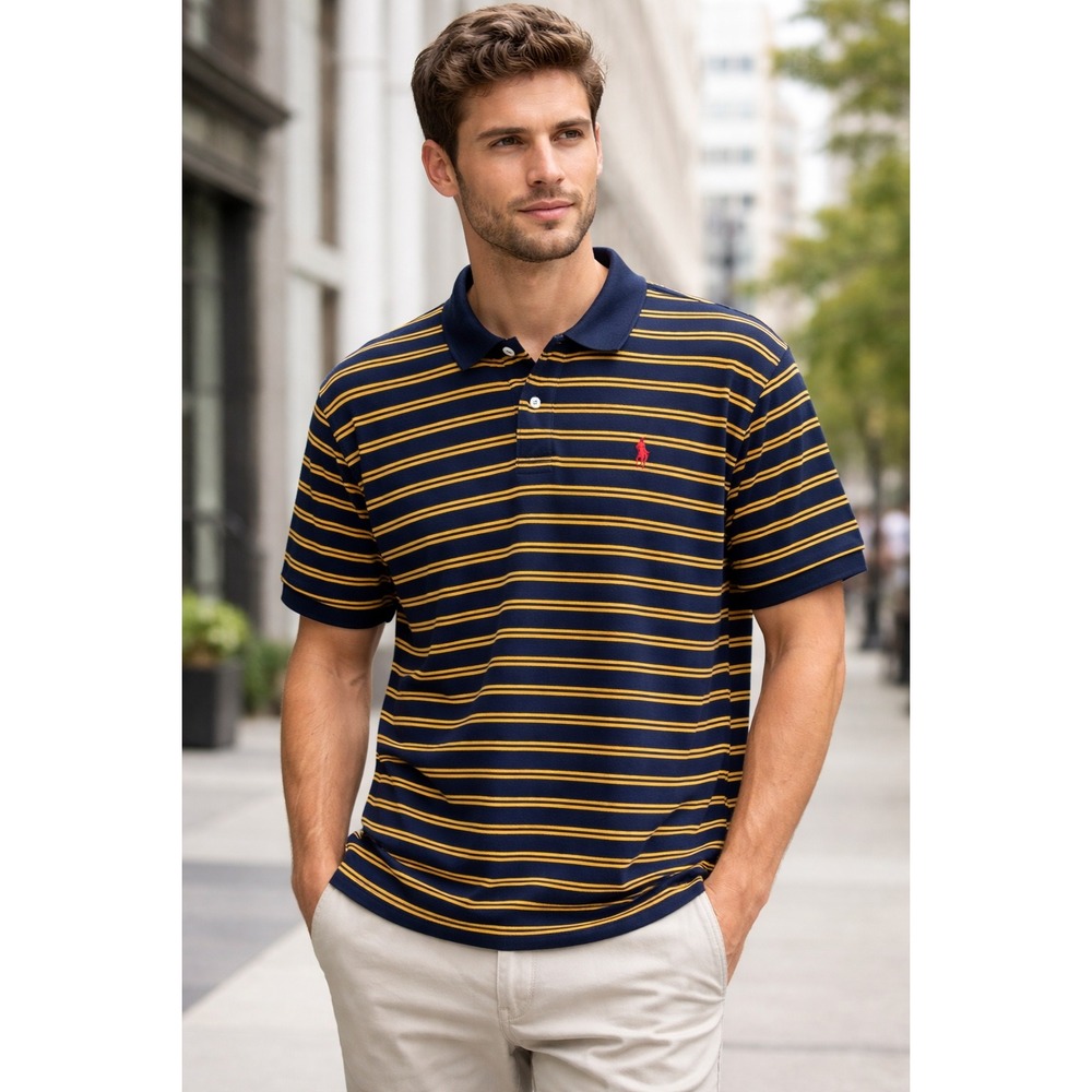 Polo Ralph Lauren Mens XL Navy Blue‎ Yellow Striped Short Sleeve Polo Shirt